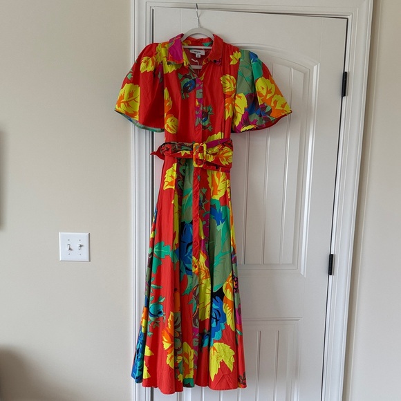 Floral Coral Maxi Shirt Dress with Belt - Picture 3 of 16